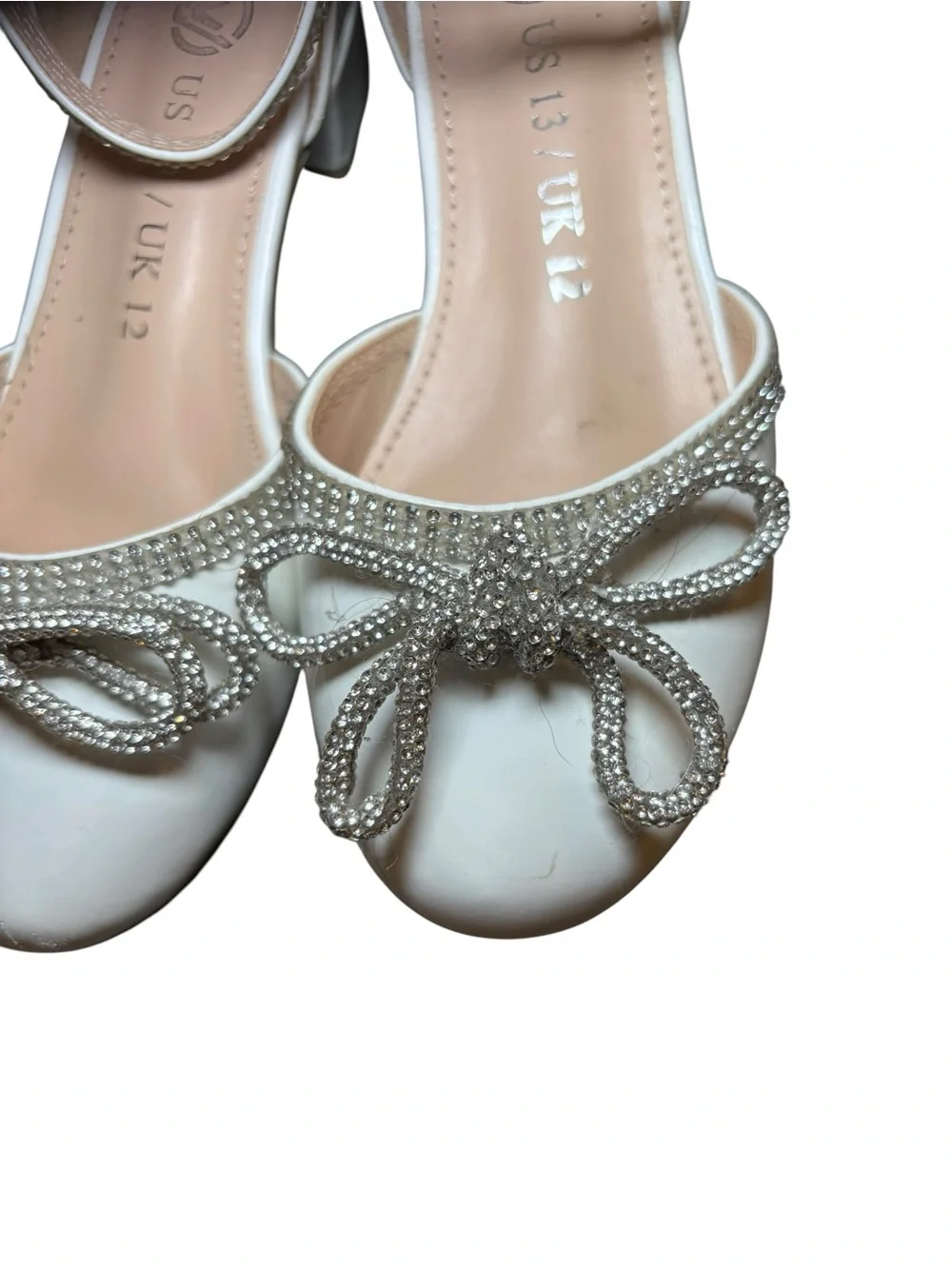 Embellished White Ankle-Strap Flats with Crystal Bow